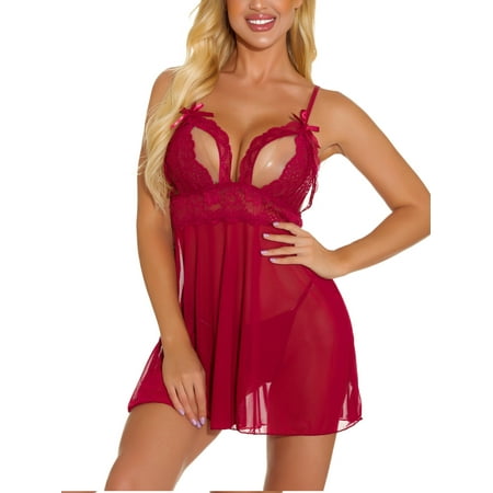 

Gvmfive Women V Neck Lace Lingerie Sleepdress Sexy Sheer Babydoll Nightwear