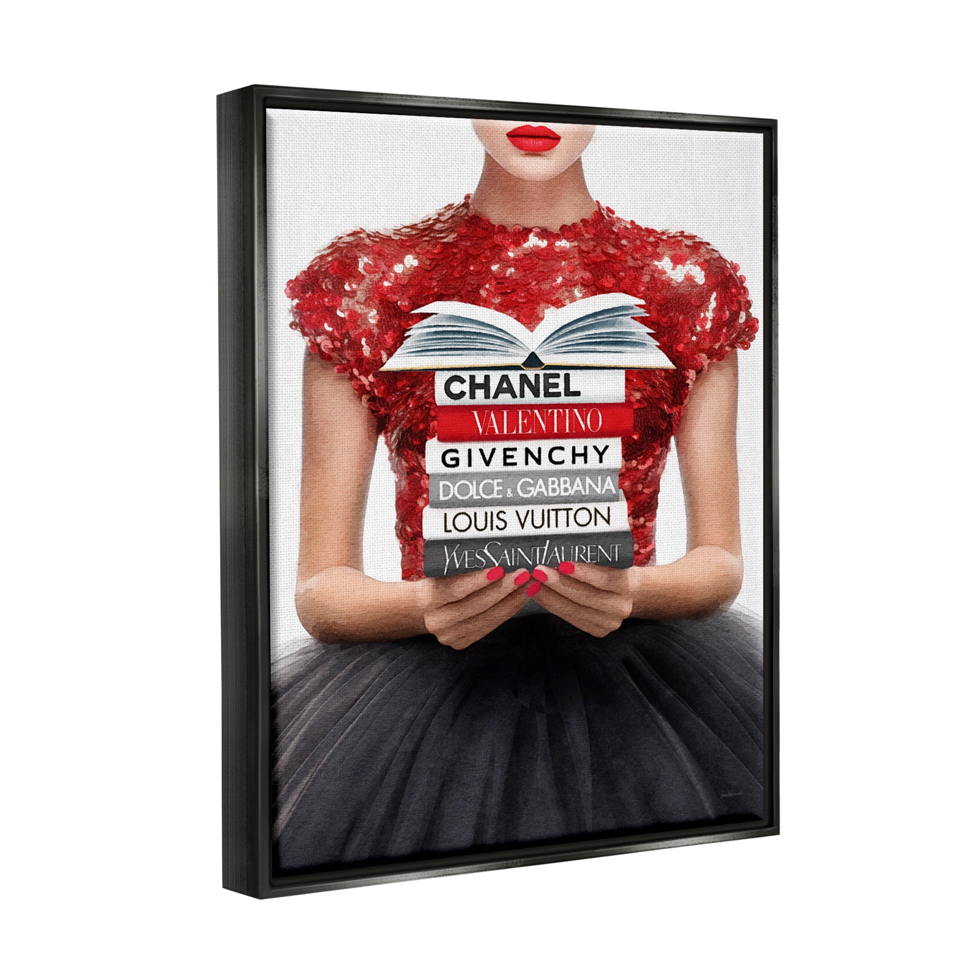 Stupell Industries Red Fashion Books Girl Beauty & Fashion Painting Black Floater Framed Canvas Art Print Wall Art, 25 x 31