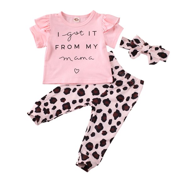 FeMereina Newborn Baby Girls 3Pcs Outfits Pink Short Sleeve T-shirt Leopard Printed Long Pants Headband Set Summer Fall Clothes