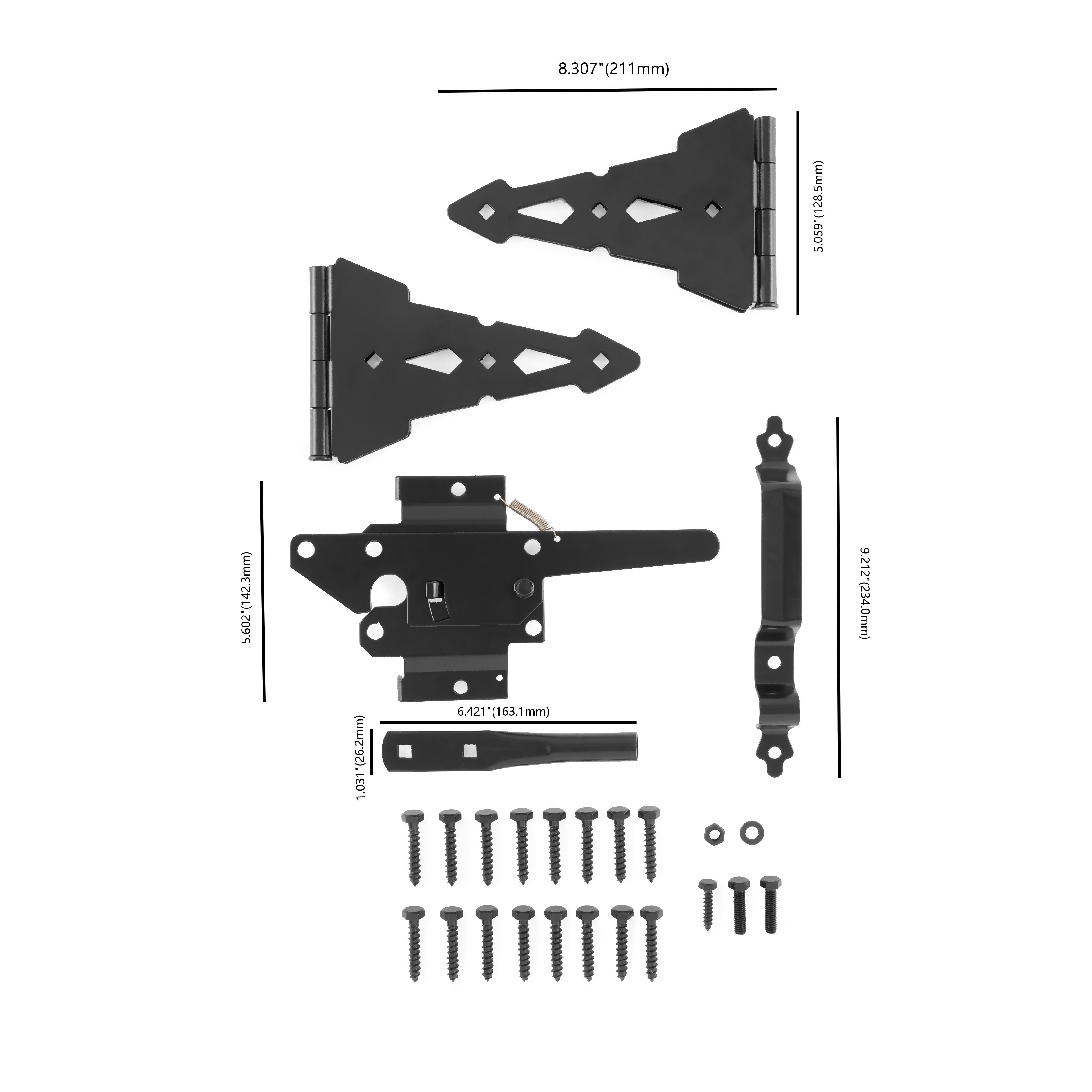 Hyper Tough Black Steel Post Latch Gate Kit with 8" Decorative Strap Hinges, Spring-Loaded Latch, Gate Pull Handle and Installation Hardware