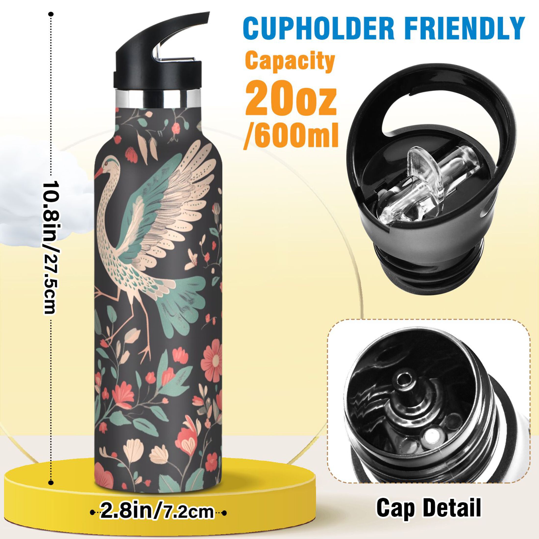 600ML Stainless Steel Insulated Cup Sports Water Bottle Portable Thermos Cup Water Glasses Insulated Tumblers Convenient and Durable Plant Couple Cranes