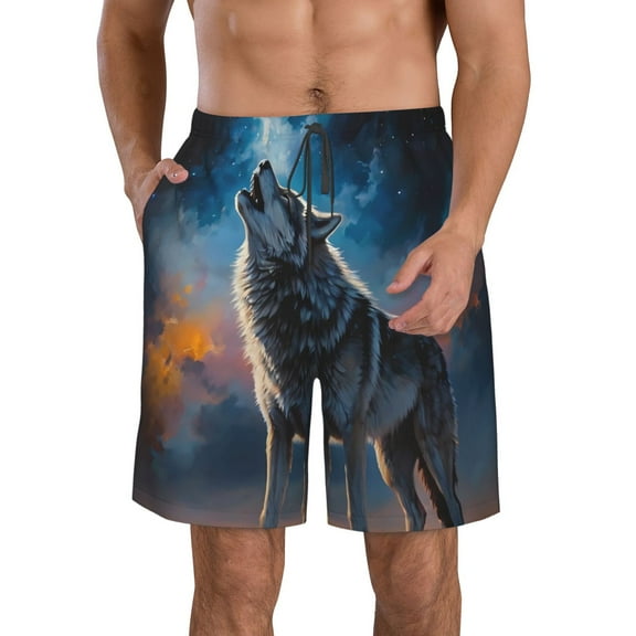 Logiee Lonely Night Sky Wolf Print Mens Swim Trunks Quick Dry Board Shorts,Breathable Hawaii Beach Shorts Swimwear Bathing Suits-Small