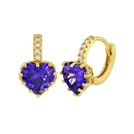 14k Gold Plated Purple Clear Crystal Heart Hoop Huggie Earrings for Women