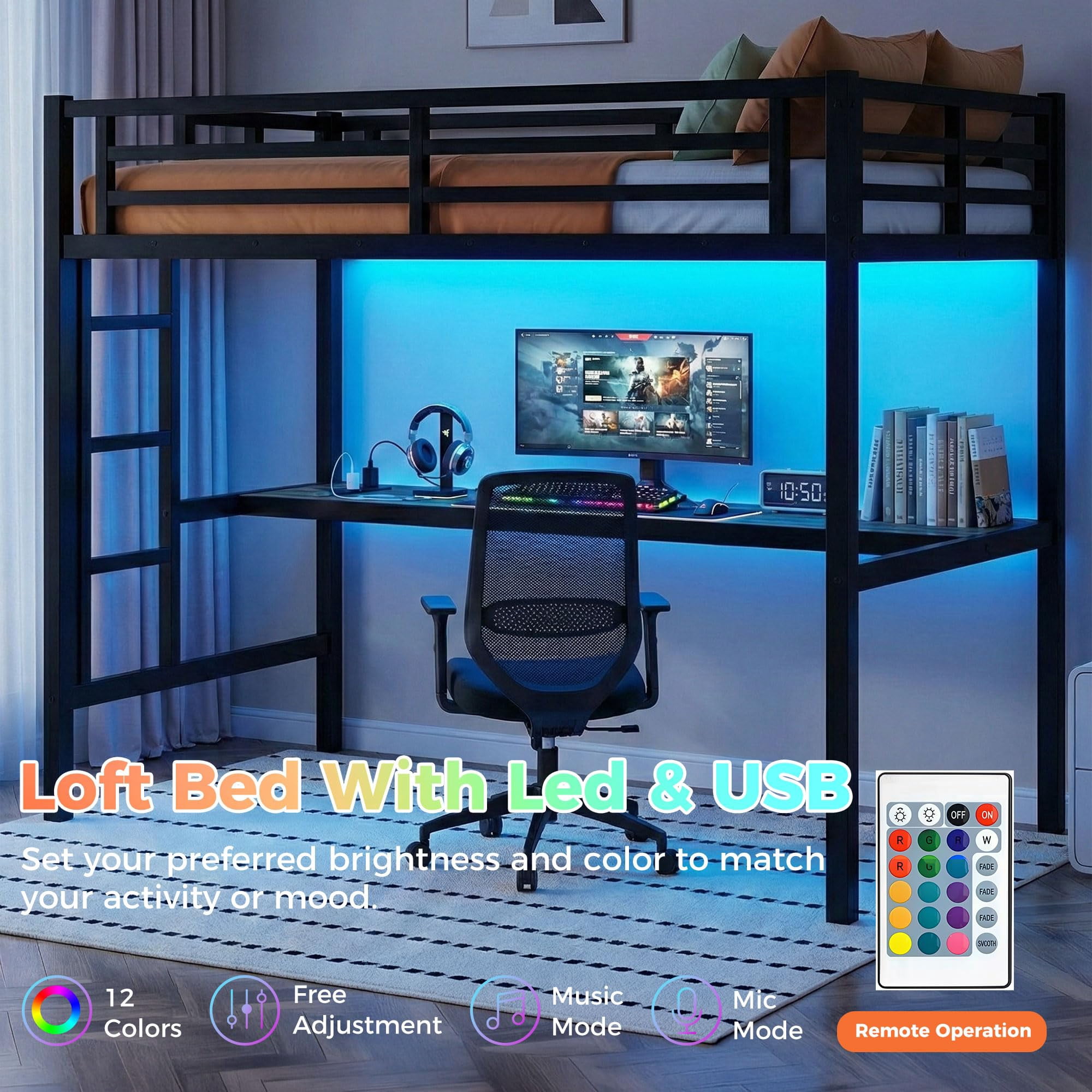 Miniyam Twin XL Metal Loft Bed Frame with Desk & Charge Station, Black
