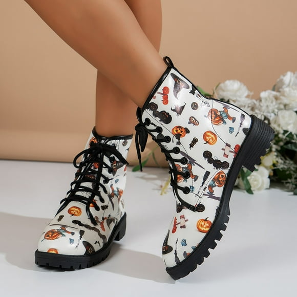 Bmisegm Leopard Boots for Women Fashion Women Square Heels Lace up Short Booties Cartoon Prints Round Toe Shoes Boots for Women White 7