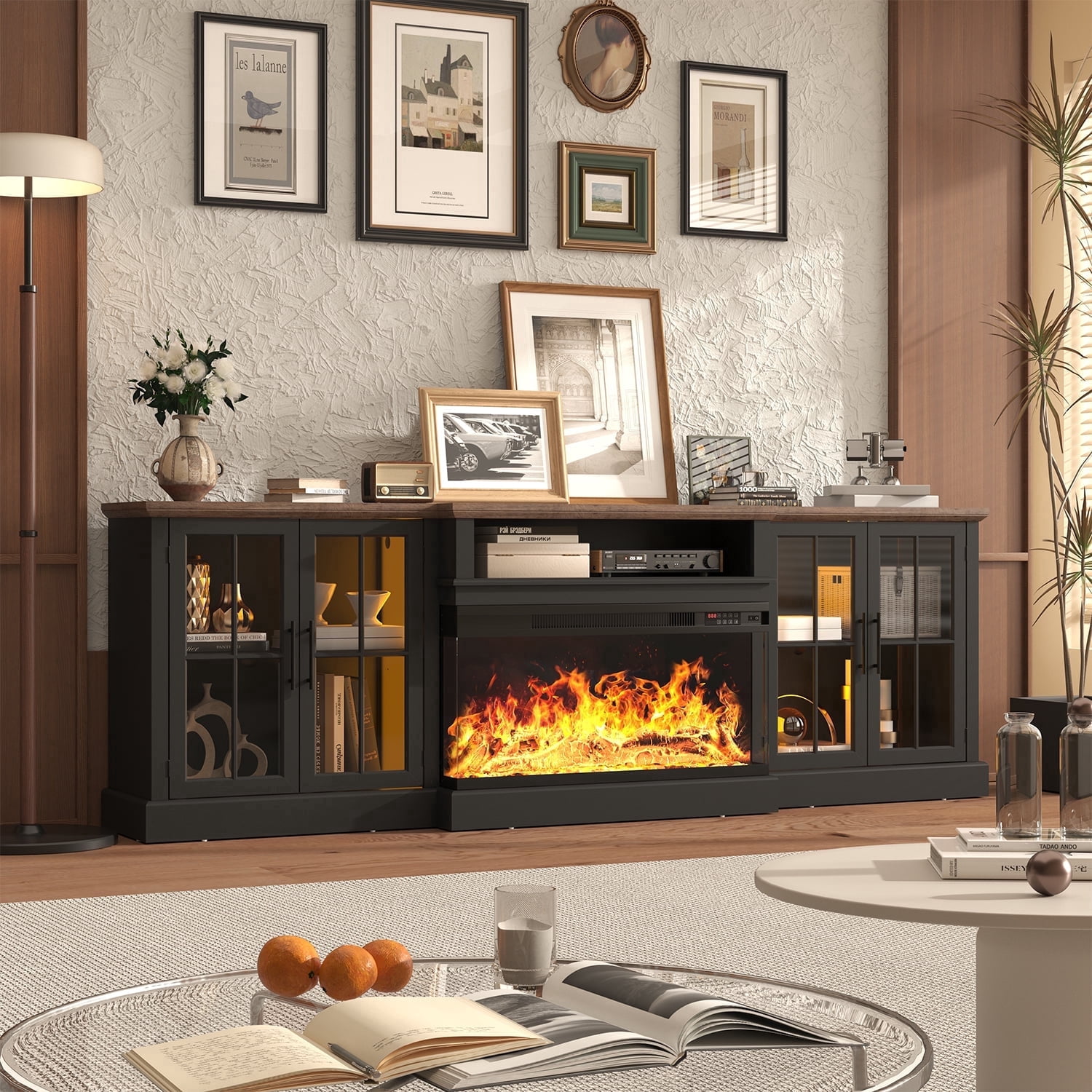 Sonegra 98" Farmhouse TV Stand with Fireplace for TVs up to 100", Media Entertainment Center with Adjustable Shelves and Large Storage Cabinets, for Living Room, Black