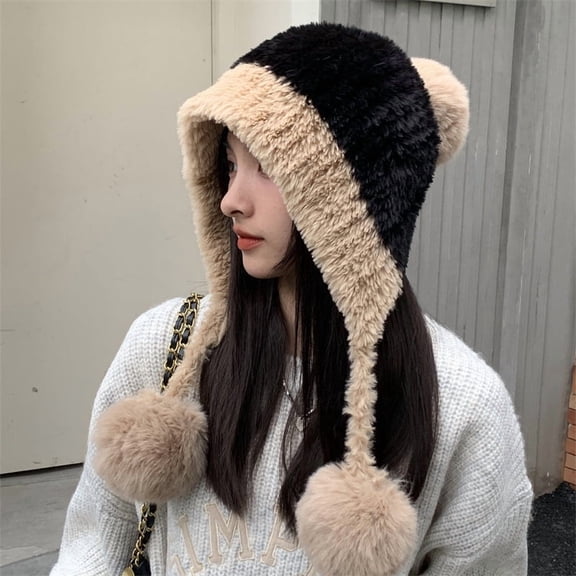 Fluffy Plush Women Beanie Cap Winter Warm Big Pompom Knitted Ear Protection Hat