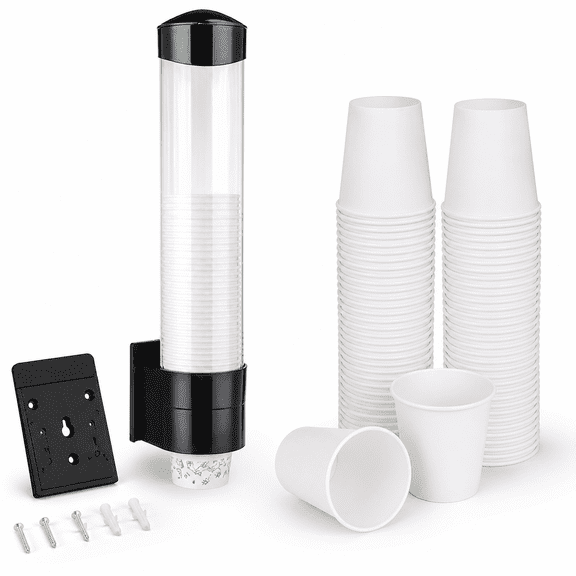 Cup Dispenser with 50 Disposable Cups,Water Cooler,Cup Holder for 7oz Cone or Flat Bottom,Wall Mount,Black