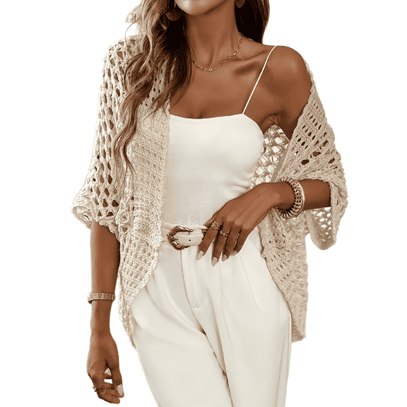 Elegant Women's Crochet Cardigan - Lightweight Open-Front Knit Sweater with Eyelet Design, Perfect for Spring/Summer/Fall, Available in White or Black, Seasonal Fashion