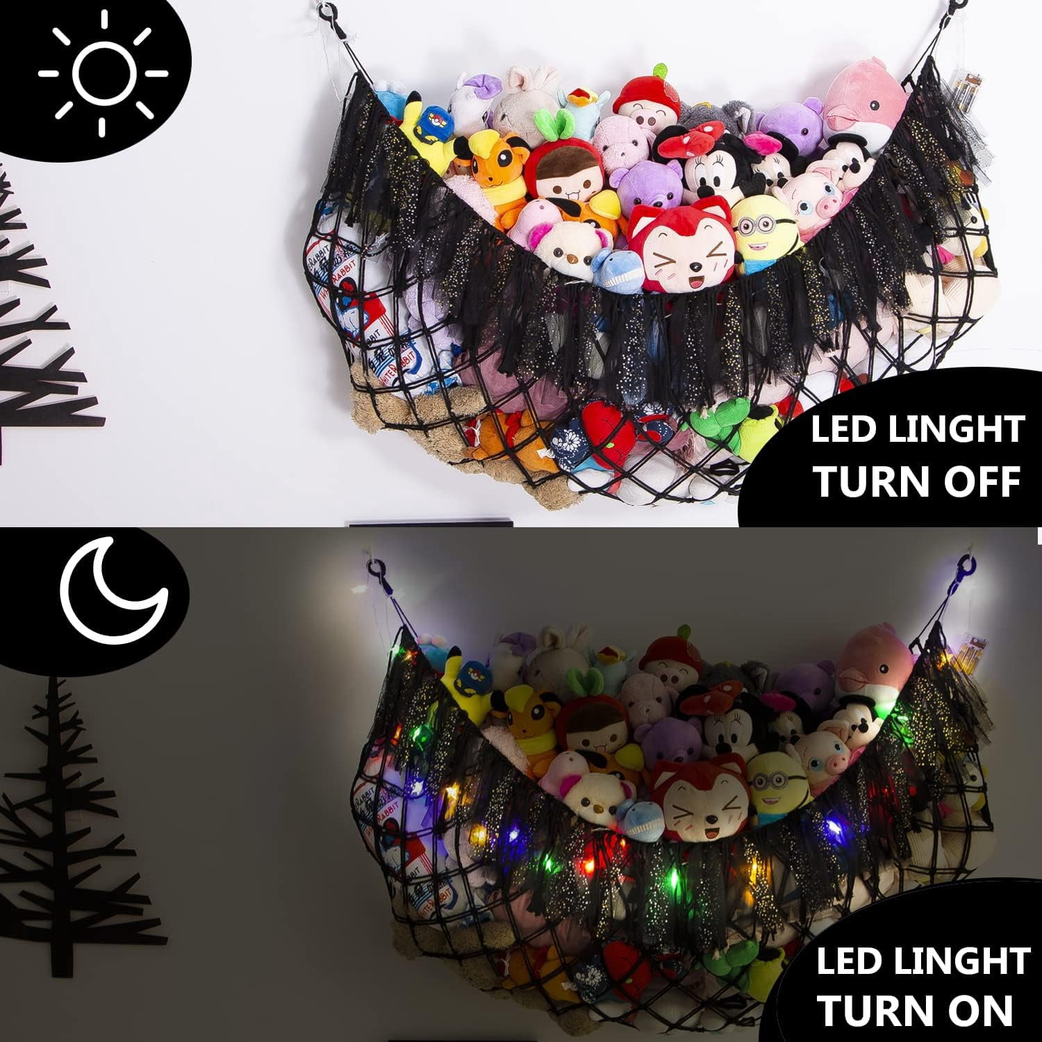 Large Stuffed Animal Hammock with Light Wall Mounted- Hammock Plushies Net Stuff Toy Organizer Boho Macrame Toy Hammock Corner Hanging Net for Nursery Storage Bedroom Playroom Decor-Black