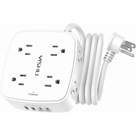 6Ft Sur Protector Power Strip with 8 Widely Outlets & 4 USB Ports | 3 Side Outlet Extender with 6 Feet Extension Cord, Flat Plug, for Home, Office, Colle Dorm Room Essentials, ETL, White