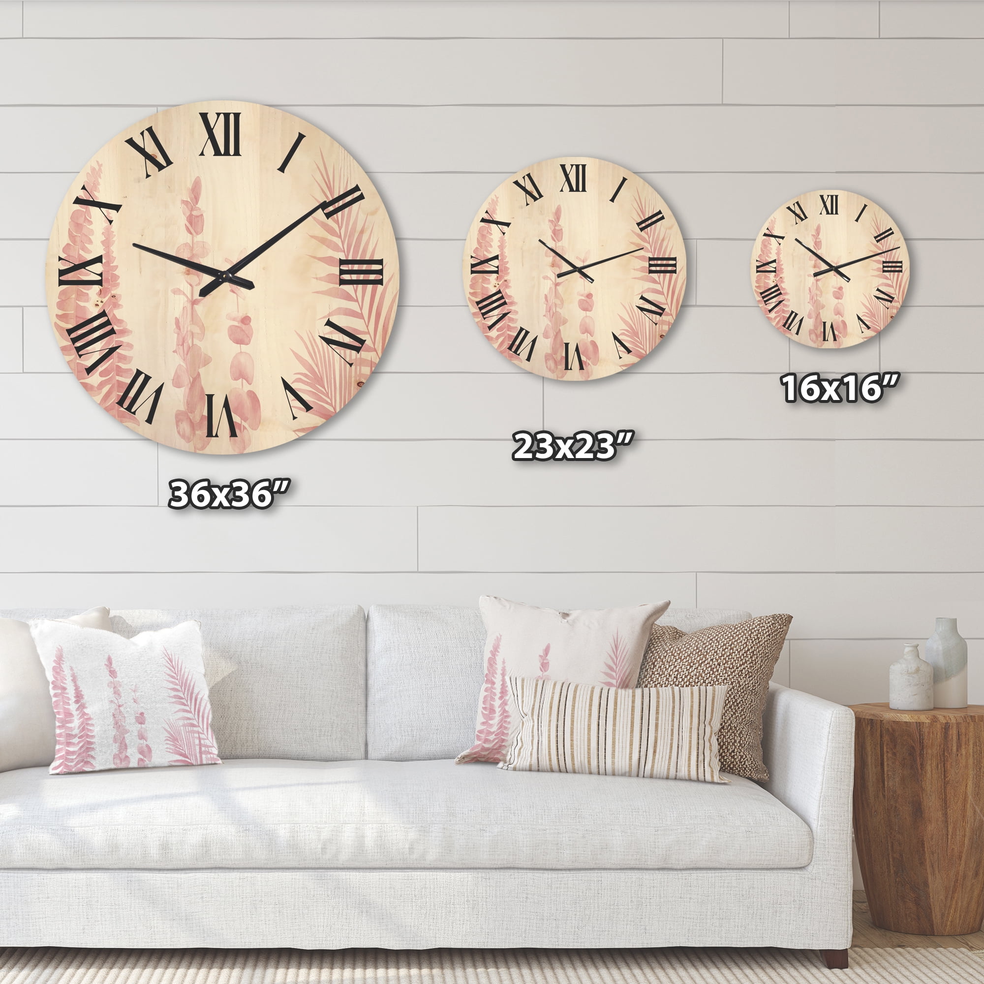 Designart 'Palm Branches and Blush Pinkeucalyptus' Shabby Chic Wood Wall Clock