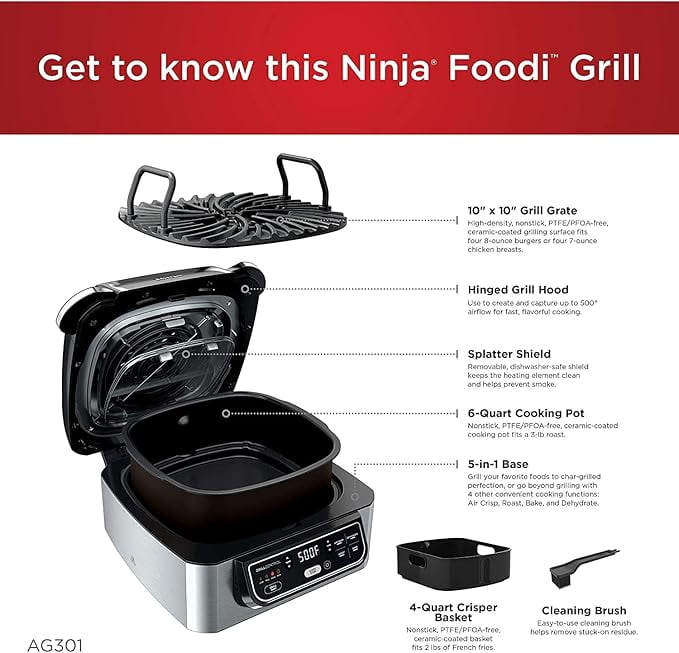 Ninja AG301 Foodi 5-in-1 Indoor Electric Grill with Air Fry, Roast, Bake & Dehydrate - Programmable, Black/Silver