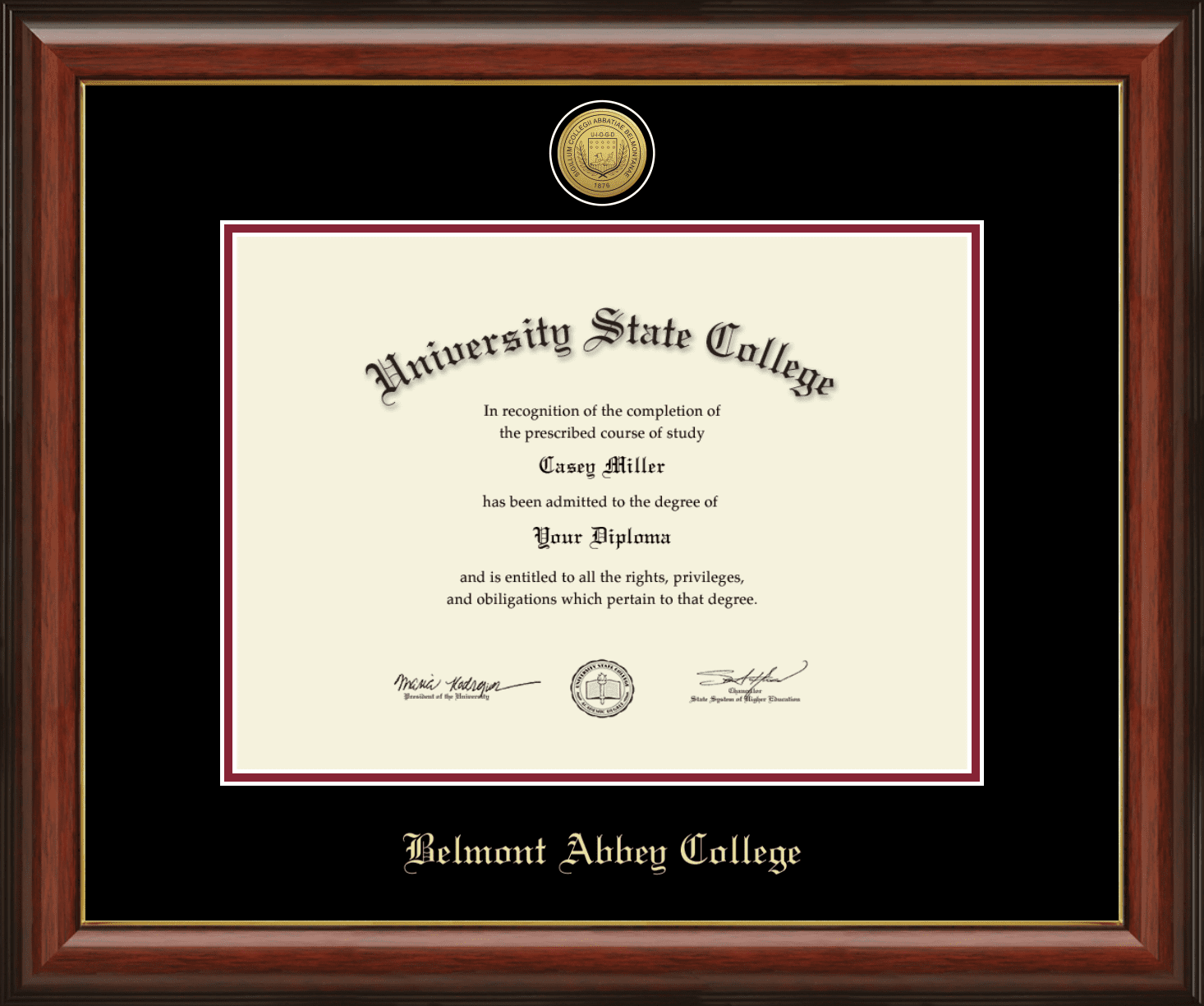 Belmont Abbey College Diploma Frame, Document Size 19.75" x 14.5