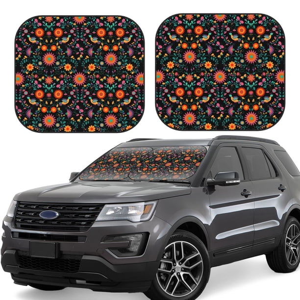 Balery Mexican Flower And Birds Parasol para parabrisas de coche de 2 piezas | Parasol plegable para parabrisas delantero de coche para la mayoría de sedanes-Large
