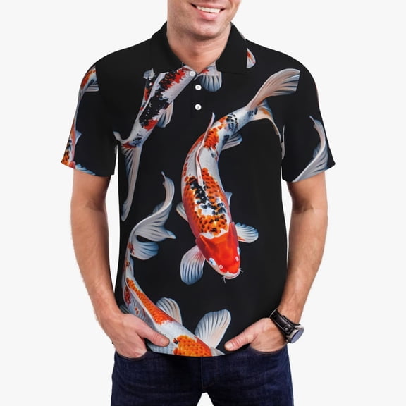 Kdxio Tricolor Koi Fish Trio Print Men's Short Sleeve Polo Shirt,Midweight Men's Shirt-Small