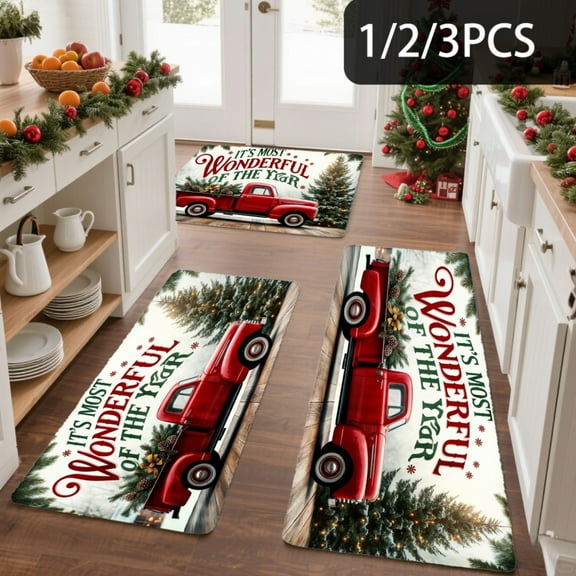 3PCS Kitchen Mat set, Welcome Door Flannel Rug,Home Decor for Front Door,Kitchen, Bathroom, Red Truck With Christmas Trees ,Great gift for Family and Friends.