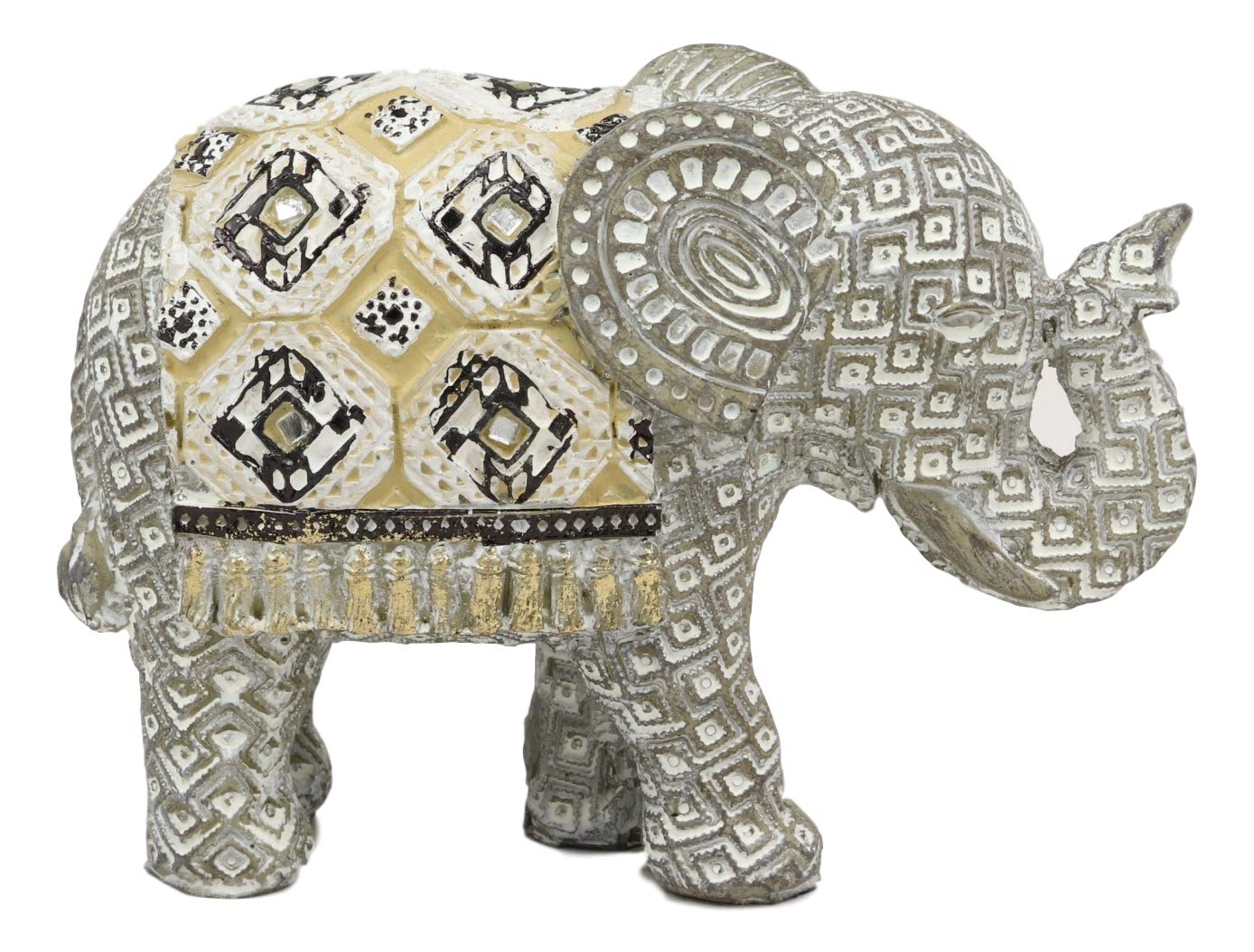 Ebros Feng Shui Silver and Gold Patterned Baby Calf Elephant with Trunk