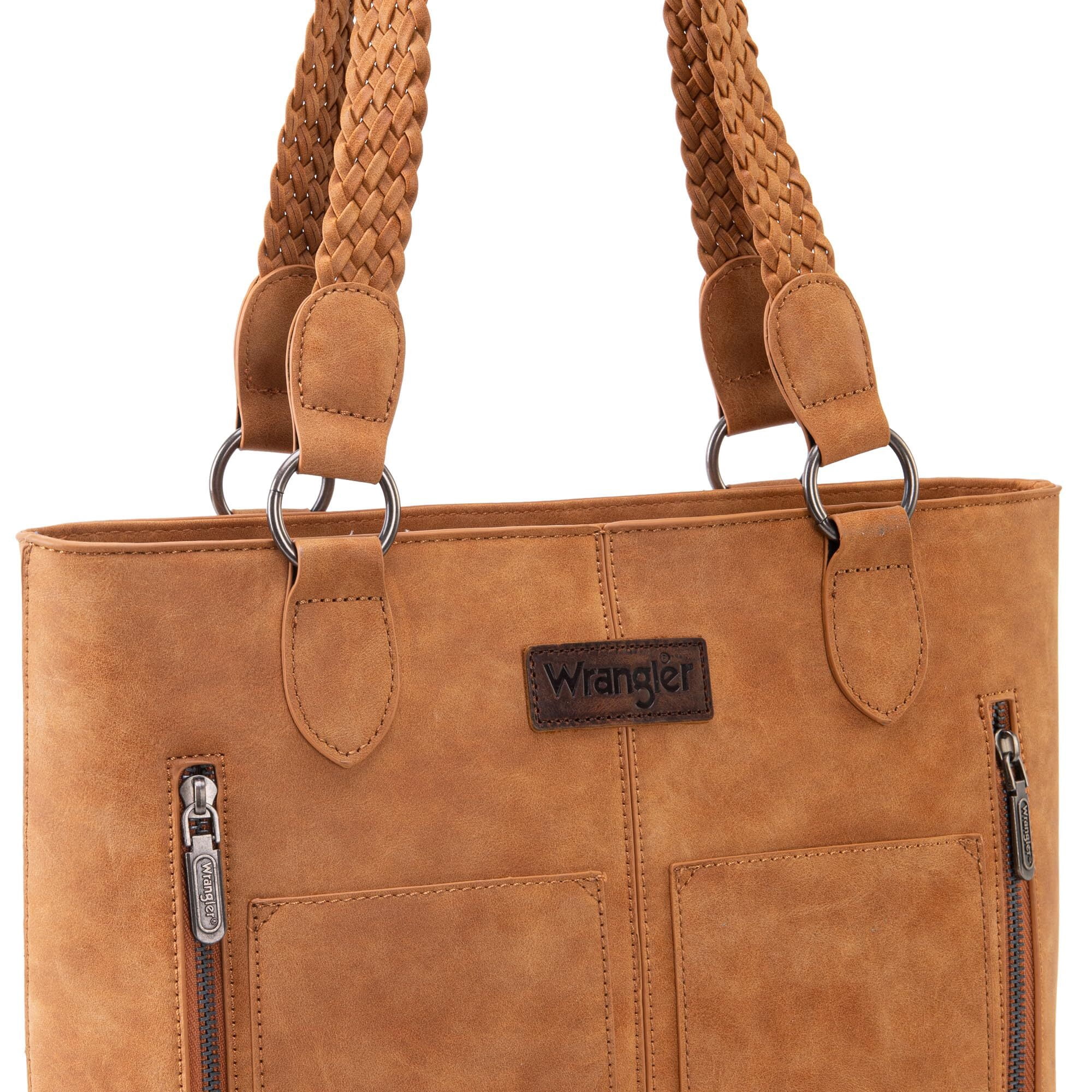 Wrangler Distressed Tote Bag for Women Western Purse Multi Pockets Handbags and Shoulder Bag, Braided-Tan
