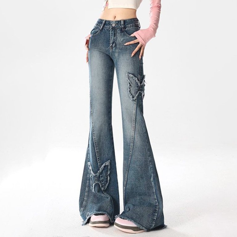 TrendOFT Flare Jeans for Women Butterfly Embroidery Y2K High Rise