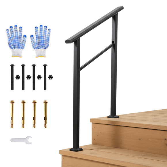 Black Aluminum 2-Step Outdoor & Indoor Stair Handrail Kit with Iron Posts – ADA Compliant Safety Railing for Porch, Entryway, Non-Slip Grip, Corrosion Resistant, Easy Install – 2 Steps 1 Pack Black