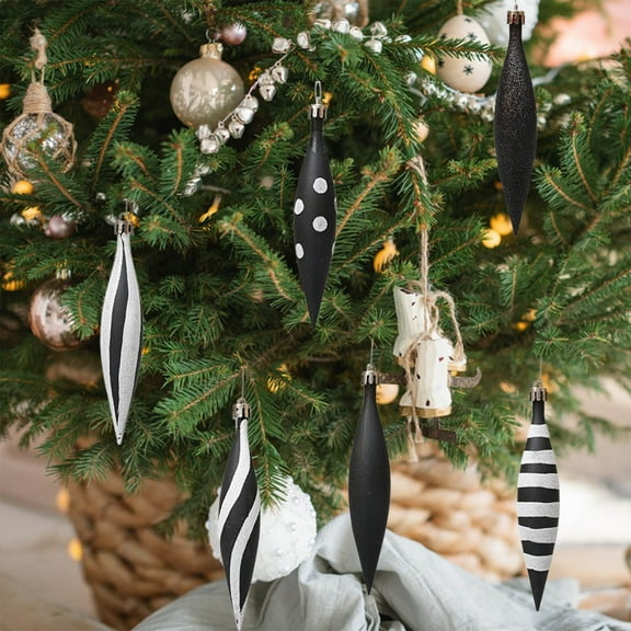 6 Pcs Black and White Christmas Ornaments 5.9 Inch Droplet Stripe Dot Hanging Christmas Ornaments for Xmas Tree Decor for Home and Holiday Party Xmas Trees Accessories