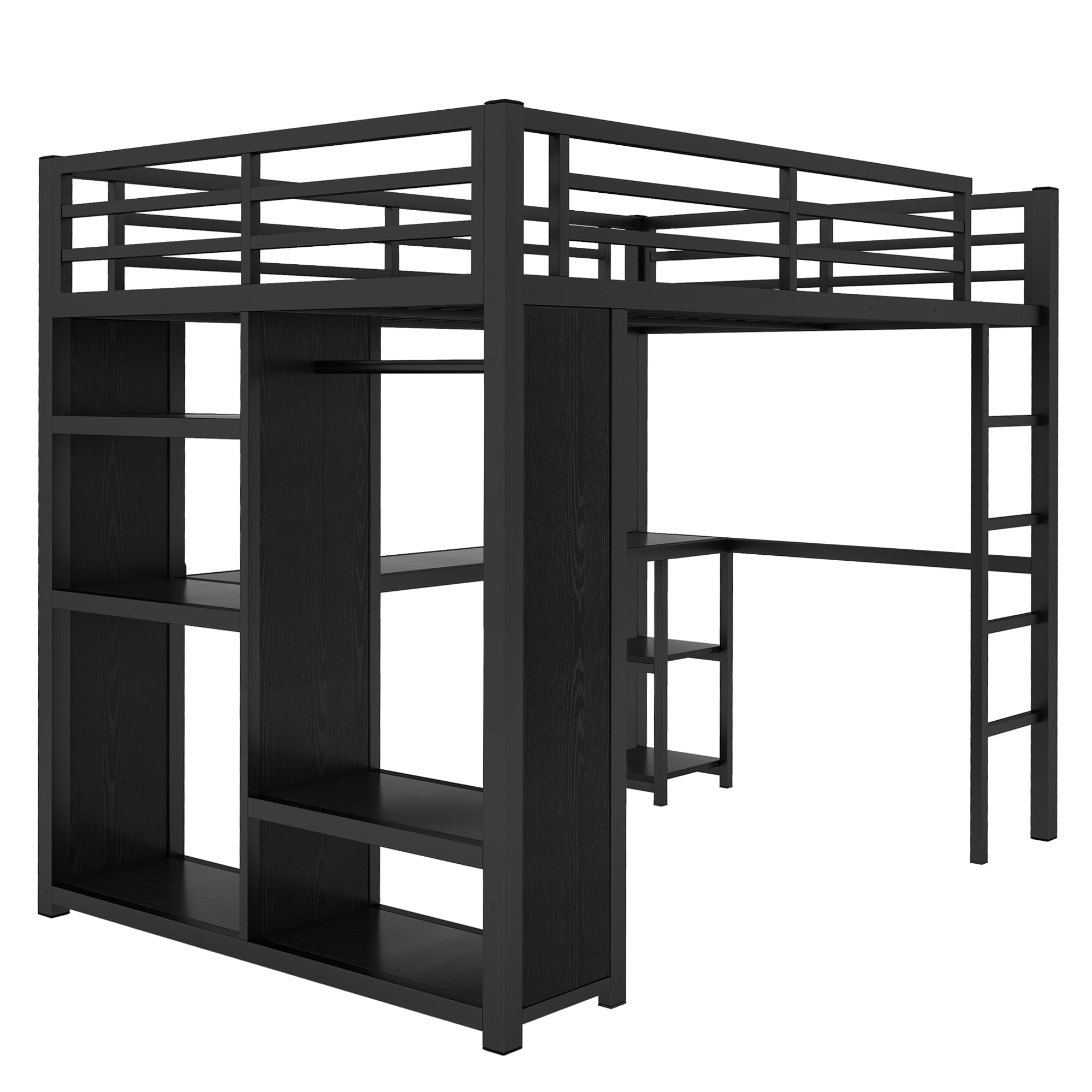 HOQBN Loft Bed Full Size with Built-in Wardrob,Metal Loft Bed Frame with Desk and Storage Shelves,Black