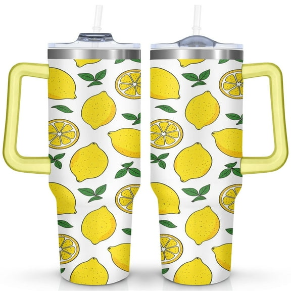 Tumbler with Handle and Straws 40 oz Insulated Lemon Travel Coffee Mug Birthday Present for Women Girls Daughter Mom Gifts for Him/Her Water Bottle