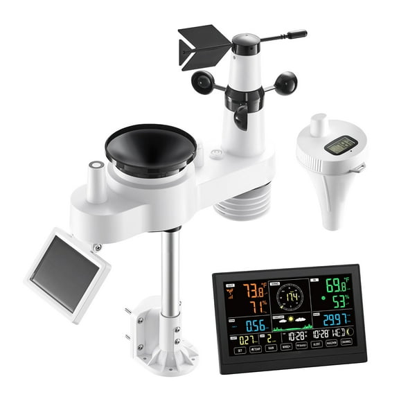 KFFKFF 7-in-1 Wi-Fi Weather Station with App, 7.5-Inch Display, Solar-Powered Outdoor Sensor, Includes Pool Thermometer, Rain Gauge, Indoor and Outdoor Monitoring for Weather Updates, Wind Speed