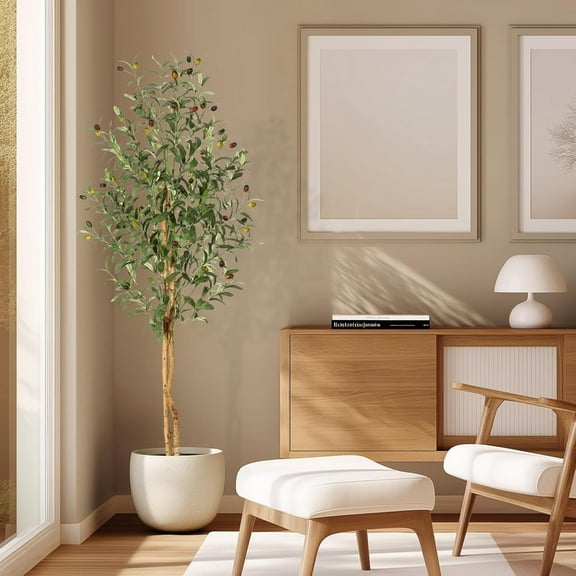 Faux Olive Tree 5ft,Tall Artificial Tree Indoor with 2 Natural Wood Trunks, Fake Plants Potted in White Planter, Floor Plants for Living Room House Decor,1PCS