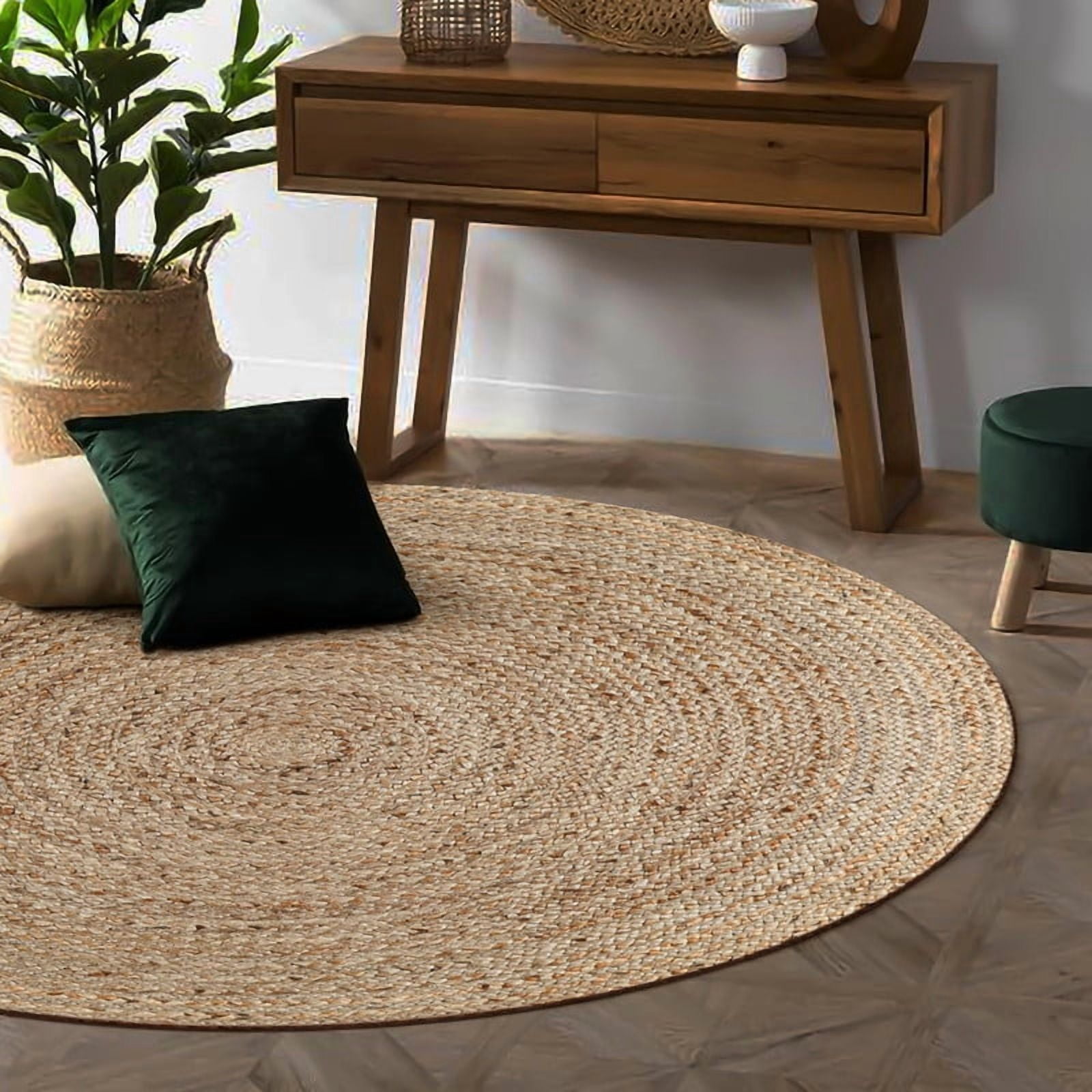 Natural Jute Circle Rug, Reversible Rustic Farmhouse Boho Area Mat, Natural_A, 3 FT