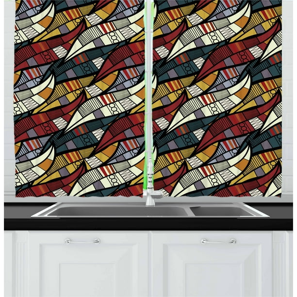 African Curtains 2 Panels Set, Diagonal Abstract Leaves with Circles