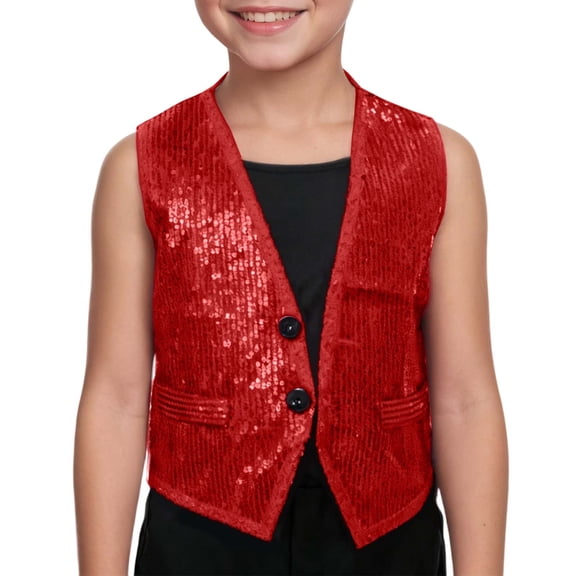 Daznico Carnival Performance Vest with Sparkling Sequins for Kids Boys Girls Singing Group Show Shiny Glitter Sleeveless Top,Mardi Gras Clothing,7-8 Years