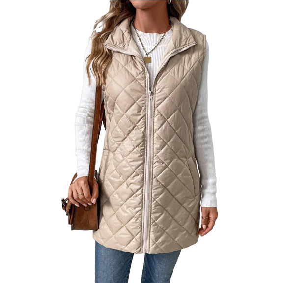 Cuteduck Women's Vest Fall Spring Sleeveless Stand Collar Long Lightweight Quilted Pocketed Zipper Casual Jacket S-2XL