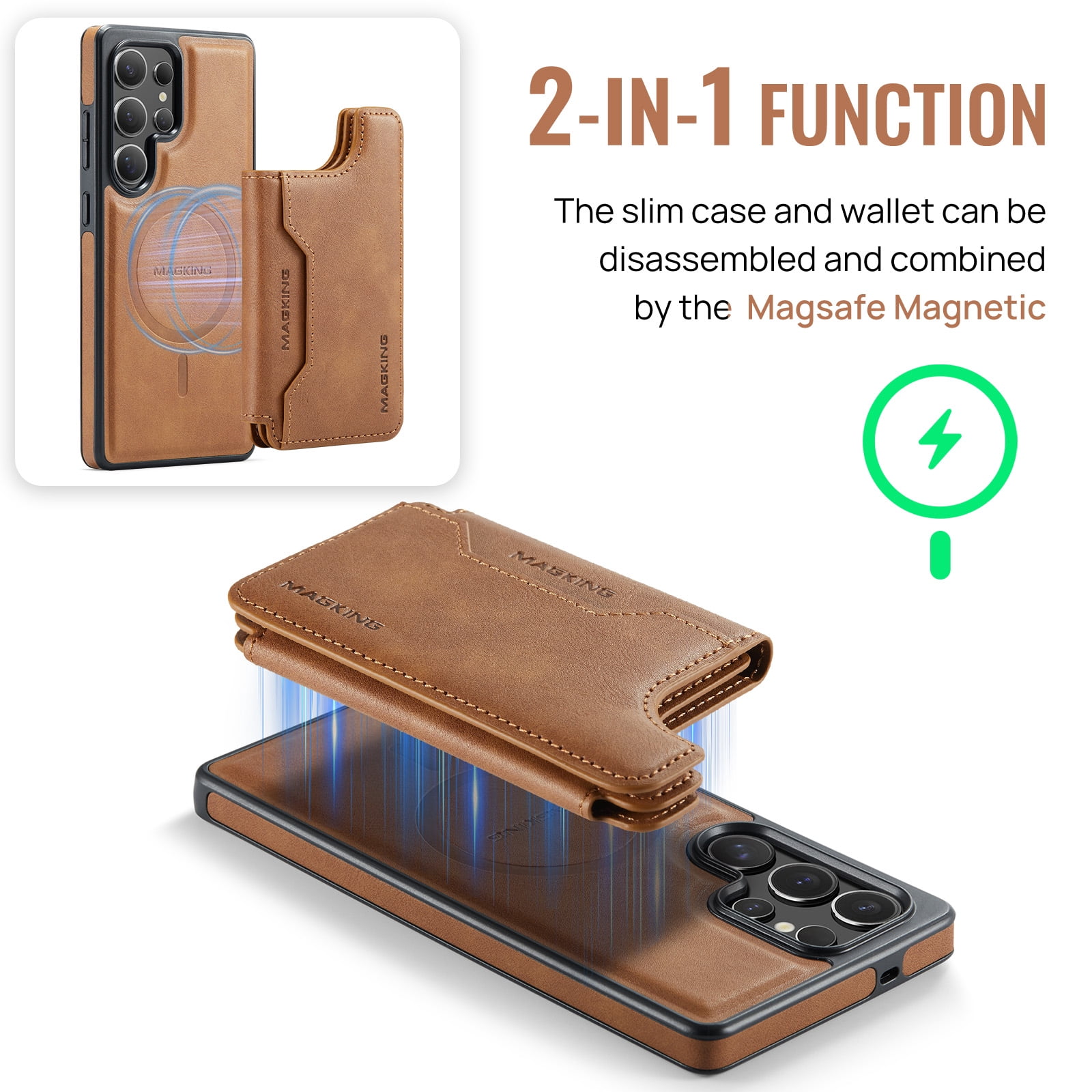 Designed for Samsung Galaxy S24 Ultra Wallet Phone Case,Magnetic Detachable Flip Card Holder,Back Flip Kickstand,Compatible with Mag-Safe,2-in-1 PU Leather Heavy Duty Shockproof Phone Case,Brown