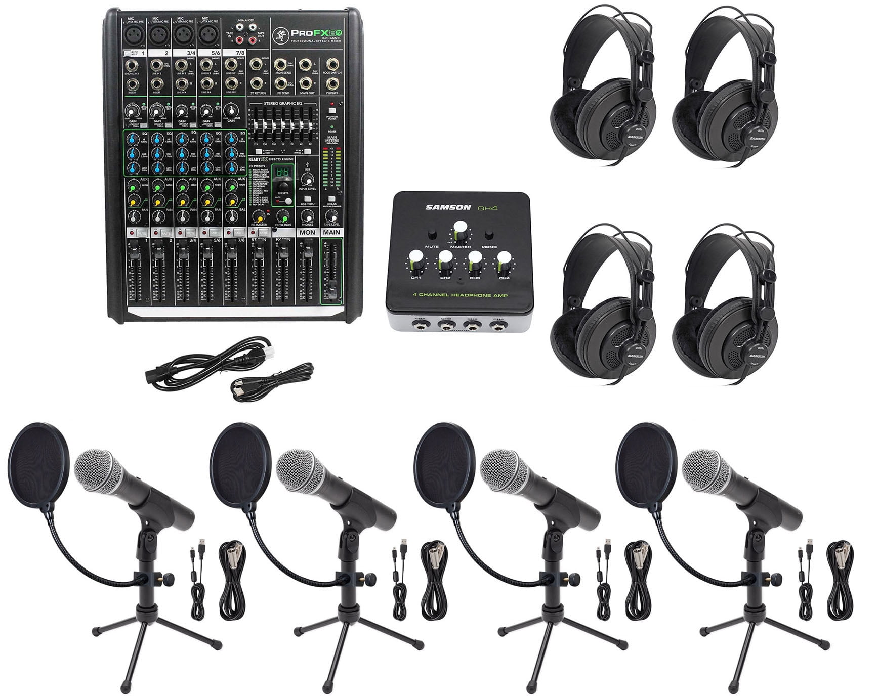 Podcast Studio Bundle w/Mackie 8Ch Mixer+(4) Mics+Stands+(4) Samson