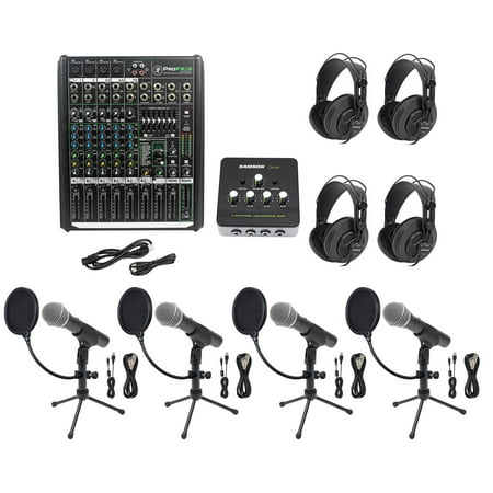 Podcast Studio Bundle w/Mackie 8-Ch Mixer+(4) Mics+Stands+(4) Samson Headphones