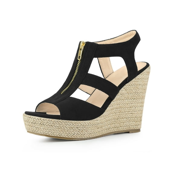 BLISSFUL STEP Women's Shoes Faux Suede Platform Wedge Espadrilles Slingback Open Toe Front Zipper Sandals Black 7