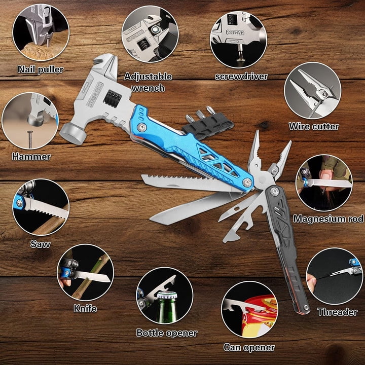 SINKOO 18-in-1 Camping Multitool Accessories Gifts for Men Dad, Upgraded Multi Tool Survival Gear with Hammer Pliers Saw Screwdrivers Bottle Opener Whistle And Portable Sheath For Hiking(Blue)