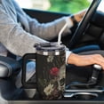thumbnail image 6 of 40 oz Insulated Tumbler with Handle, Leak-Proof Straw Lid, Stainless Steel Travel Mug for Car & Road Trips - Skull Flowers Illustration, 6 of 6