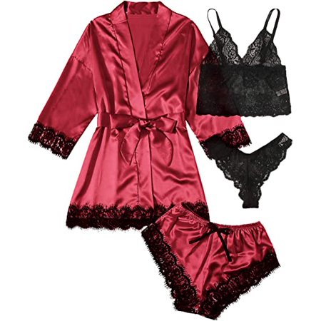 

Women s Satin Pajama Set 4pcs Floral Lace Trim Cami Lingerie Sleepwear with Robe
