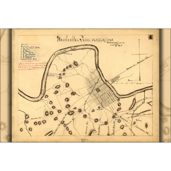24"x36" Gallery Poster, map of Nashville Tennessee and vicinity 1863