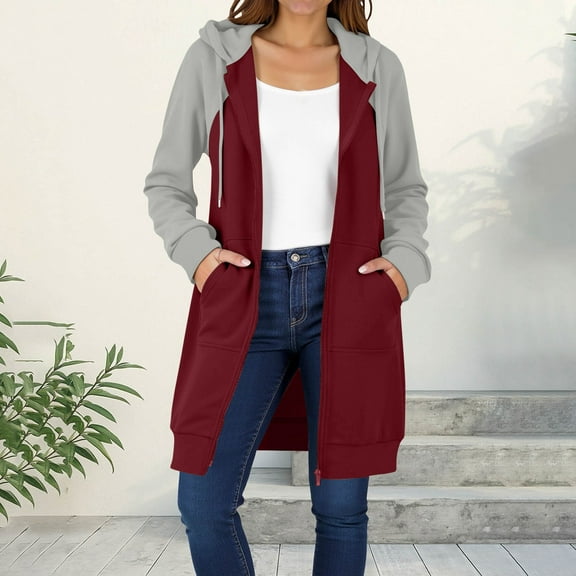 Mgmyaa Women's Long Jacket Color Block Hooded Fleece Coat Long Sleeve Zip Front Duster Jacket Outerwear