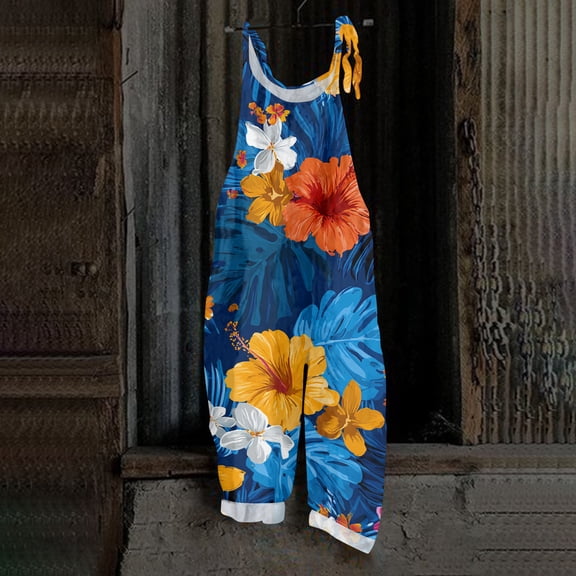 Iaqnaocc Hawaiian Tropic Womens Jumpsuit Plus Size Sleeveless Floral Print Jumpsuits Overalls Boho Vacation Rompers for Women Summer Casual Loose Adjustable Strap Overalls for Women Dark Blue M