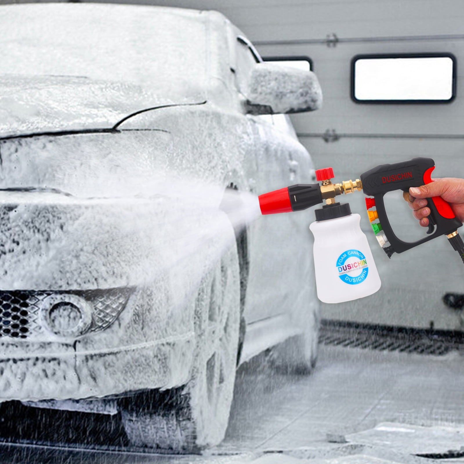 DUSICHIN Foam Cannon Short Pressure Washer Gun 1/4 Inch Quick Connector,5 Pressure Washer Nozzle Tips Car Wash Foam Gun 3/8'' Swivel Quick Connector,M22-14mm M22-15mm Fitting,Not Use with Garden Hose