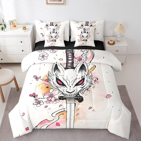 Erosebridal Japanese Fox Bedding Full Size,Pink Cherry Blossom Bed Set,Retro Cartoon Animal Bedding Sets Full Size,Lightweight Bedroom Decoration Reversible,7pcs