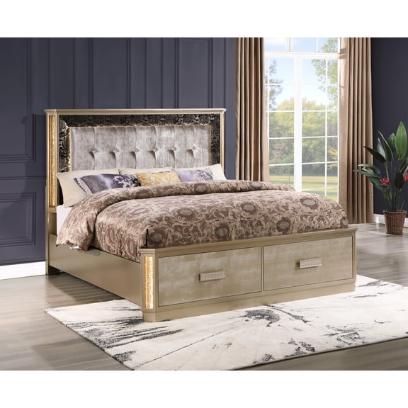 Elegant Queen Bed In Gold With Fashionable Headboard - Wood Crystal Construction For Bedroom