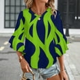thumbnail image 3 of Abstract Green Navy Leaf Pattern Women's V-Neck Blouse With 3/4 Ruffled Bell Sleeves Casual Top Ladies Blouses, 3 of 7