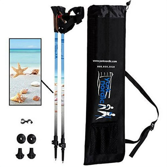 York Nordic Beach & Street Walking Poles - Shells & Beach Design - Choice Grips - 2 Poles, Tips & Bag (Nordic)