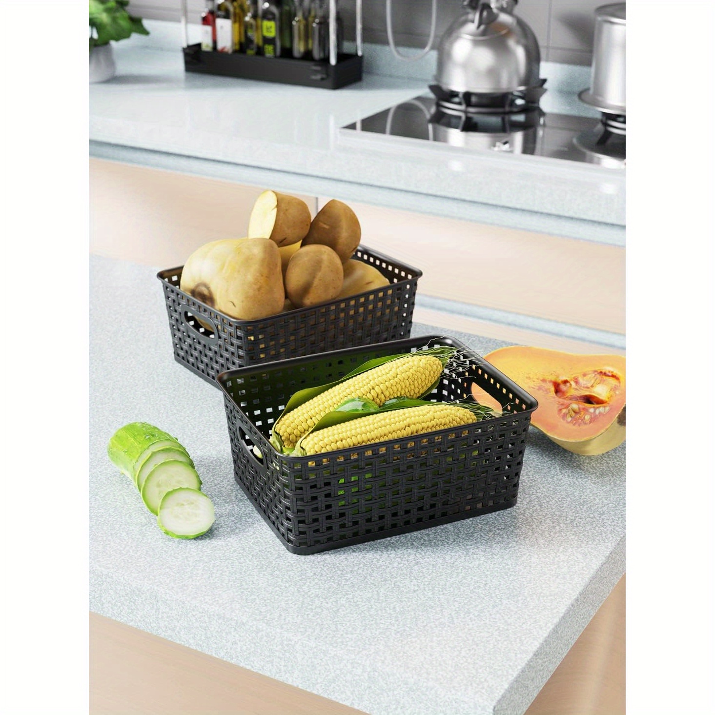 6pcs High-Quality Woven Plastic Storage Baskets – Black Weave Bins Organizer – Home, Office, Desktop, Wardrobe, Bathroom – Shelf Basket, 10.1" x 7.55" x 4.1"